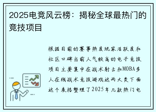 2025电竞风云榜：揭秘全球最热门的竞技项目